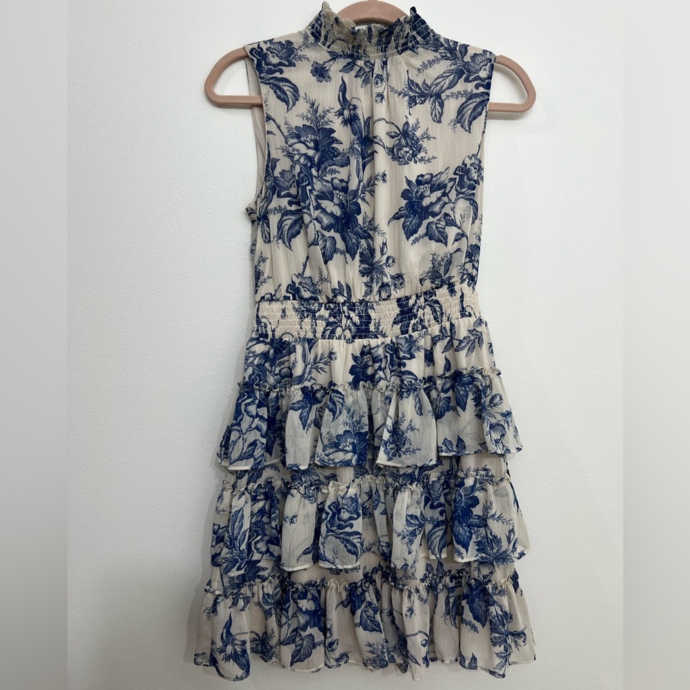 Blue Floral High Neck Dress